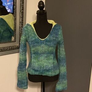 Free People Blue and Green Hooded Sweatshirt